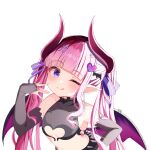  1girl ;3 ;q absurdres bare_arms black_bridal_gauntlets black_shirt blunt_bangs blush borrowed_character bow breasts bridal_gauntlets commission covered_collarbone crop_top demon_girl demon_wings elbow_gloves eyeliner gloves hair_bow hair_ornament hairpin halterneck hand_on_own_hip hand_up heart heart_hair_ornament heart_ring highres horns indie_virtual_youtuber jewelry long_hair looking_at_viewer makeup mini_wings musical_note musical_note_hair_ornament navel one_eye_closed onion_senpai3 petite pink_hair pointy_ears purple_bow purple_eyes purple_wings red_eyeliner red_horns ring shirt sidelocks simple_background solo stomach tongue tongue_out transparent_background twintails underboob upper_body very_long_hair wavy_sidelocks winged_heart wings 