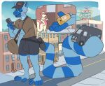 2021 5_fingers 5_toes absurd_res anthro barefoot biped blue_body blue_fur blue_inner_ear blue_inner_ear_fluff blue_sclera bottomwear box brown_clothing brown_shirt brown_topwear building bulge cardboard cardboard_box cheek_markings city clothed clothed_anthro clothed_macro clothed_male clothing container countershade_fur countershade_torso countershading day delivery_(commerce) delivery_employee detailed_background digital_drawing_(artwork) digital_media_(artwork) duo english_text extreme_size_difference facial_markings feet fingerless_(marking) fingers flat_colors fur grey_baseball_cap grey_bottomwear grey_clothing grey_hat grey_headwear grey_shorts hair hat head_markings headgear headwear hi_res hip_markings holding_box holding_container holding_object humanoid_hands inner_ear_fluff larger_anthro larger_male leg_markings lemur looking_up_at_another macro macro_anthro macro_male male male_anthro mammal markings max_(maxpany) maxpany medium_truck mephitid messenger_bag multicolored_body multicolored_fur nargle nargle_(nargleflex) nude nude_anthro nude_male open_mouth open_smile oregon outside pink_body pink_countershading pink_ears pink_fur pink_markings pink_nose pink_stripes plantigrade portland primate ring-tailed_lemur ring_(marking) ringed_tail shirt shorts sign signature size_difference skunk sky smaller_anthro smaller_male smile street strepsirrhine striped_body striped_fur striped_markings striped_skunk striped_tail stripes tail tail_markings text toeless_(marking) toes topwear truck tuft two_tone_body two_tone_fur van vehicle white_body white_fur white_hair white_inner_ear