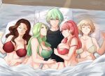  1boy 4girls black_shirt bra breasts brown_hair cleavage closed_mouth collarbone commentary commission dorothea_arnault dorothea_arnault_(timeskip) english_commentary fire_emblem fire_emblem:_three_houses girl_sandwich green_bra hand_on_another&#039;s_stomach hand_on_own_stomach harem head_on_pillow hetero highres hilda_valentine_goneril hilda_valentine_goneril_(timeskip) large_breasts long_hair lying male_byleth_(awakened)_(fire_emblem) male_byleth_(fire_emblem) mercedes_von_martritz mercedes_von_martritz_(timeskip) multiple_girls on_back on_side pillow pink_bra pink_eyes pink_hair red_bra rhea_(fire_emblem) sandwiched shirt sierra117renner sleeping smile stomach under_covers underwear underwear_only white_bra 