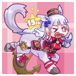  12_billion_yen_incident 1girl anchor animal_ears armband belt_pouch blunt_bangs blush bow bowtie breasts brown_hat centaur dress ear_bow ear_ribbon gloves gold_ship_(red_strife)_(umamusume) gold_ship_(umamusume) grey_hair hat horse_ears horse_girl horse_tail long_hair looking_at_viewer old-night one_eye_closed open_mouth pillbox_hat pouch purple_bow purple_eyes red_bow red_dress red_ribbon ribbon sleeveless sleeveless_dress smile solo star_(symbol) striped_armband striped_clothes tail taur thigh_strap tongue tongue_out umamusume white_gloves 