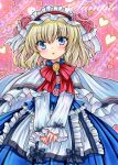  1girl :o alice_margatroid apron blonde_hair blue_eyes blue_shirt blue_skirt bow bowtie capelet cowboy_shot eyebrows_visible_through_hair flower frilled_apron frilled_hairband frilled_shirt frills hair_between_eyes hairband head_tilt heart long_sleeves looking_at_viewer marker_(medium) medium_hair open_mouth orange_brooch pink_background puffy_long_sleeves puffy_sleeves red_bow red_bowtie red_flower red_hairband red_rose rose rui_(sugar3) sample shirt skirt solo touhou traditional_media v_arms white_apron white_capelet 