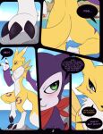  anthro armwear bandai_namco beach butt claws clothing comic digimon digimon_(species) female genitals hi_res impmon meraence mostly_nude on_one_leg purple_armwear purple_clothing pussy rear_view renamon seaside standing 