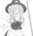  1girl :d blush bow broom commentary cosplay dot_nose dress frilled_dress frills greyscale hat highres holding holding_broom kirisame_marisa kirisame_marisa_(cosplay) large_hat long_hair monochrome mu_ri003 one_eye_closed project_sekai request_inset short_sleeves simple_background smile solo tenma_saki touhou translated twintails wavebox white_background witch witch_hat 