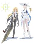  &gt;_&lt; 2girls :&lt; absurdres armband artistic_error ass bad_id bad_pixiv_id black_armband black_horns black_jacket black_pants black_shoes blonde_hair blue_sash boots breasts closed_eyes closed_mouth collared_shirt commentary_request cosplay costume_switch curled_horns greatsword grey_hair hair_ornament hat heavy high-waist_pants high_heel_boots high_heels highres holding holding_staff holding_sword holding_weapon horns jacket jacket_on_shoulders large_breasts long_hair long_sleeves looking_at_another multiple_girls necktie pants pantyhose phoebe_(wuthering_waves) red_necktie sash shirt shirt_tucked_in shoes simple_background skirt staff standing sword weapon white_background white_boots white_hat white_pantyhose white_shirt white_skirt world_(1257843324) wuthering_waves x_hair_ornament zani_(wuthering_waves) 