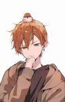  1boy animal_on_head bird bird_on_head blonde_hair brown_jacket clenched_hand closed_mouth green_eyes hair_between_eyes hand_up highres jacket kuuu_ilst layered_clothes long_sleeves male_focus multicolored_hair on_head orange_hair project_sekai shinonome_akito short_hair simple_background solo streaked_hair two-tone_hair upper_body white_background 
