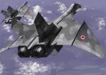  aircraft airplane blue_sky camouflage canards cloud commentary_request fighter_jet firefox_(movie) flying highres mig-31_firefox military_vehicle no_humans original realistic redesign roundel science_fiction sky tyokugekidato vehicle_focus 