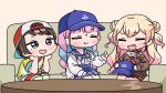  3girls :d :t anchor_symbol backwards_hat baseball_cap blonde_hair blue_bow blue_hair blue_hat blue_sailor_collar blue_skirt bow braid brown_background brown_hair brown_shirt chibi closed_eyes closed_mouth couch double_bun fang green_eyes hair_bun hand_up hat hololive index_finger_raised jacket long_hair long_sleeves low_twintails minato_aqua minato_aqua_(sailor) mochimiko momosuzu_nene momosuzu_nene_(casual) multicolored_hair multiple_girls on_couch oozora_subaru oozora_subaru_(1st_costume) pantyhose pink_hair pleated_skirt pout puffy_long_sleeves puffy_sleeves red_bow red_skirt sailor_collar shirt short_sleeves shorts skirt sleeves_past_wrists smile striped_clothes striped_shirt striped_thighhighs thighhighs twin_braids twintails two-tone_hair two_side_up unworn_hat unworn_headwear vertical-striped_clothes vertical-striped_shirt very_long_hair virtual_youtuber wavy_mouth white_jacket white_pantyhose white_sailor_collar white_shirt white_shorts 