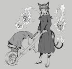  1girl absurdres animal_ears bangs blunt_bangs braid cat_ears dress extra_ears flame-tipped_tail full_body greyscale highres hitodama kaenbyou_rin long_hair looking_at_viewer momijigari monochrome nekomata simple_background skull solo standing touhou twin_braids twintails wheelbarrow 