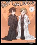 1boy 1girl :d biyoo_(omniscient_reader&#039;s_viewpoint) black_border black_coat black_shirt blonde_hair border borrowed_clothes brown_hair child coat collared_shirt cosplay curtained_hair english_text full_body happy_halloween high_collar index_finger_raised kim_dokja kim_dokja_(cosplay) lee_gilyoung looking_at_another nadardoh notice_lines omniscient_reader&#039;s_viewpoint open_clothes open_coat open_mouth outside_border oversized_clothes popped_collar shin_yoosung shirt short_hair smile standing white_coat yoo_joonghyuk yoo_joonghyuk_(cosplay) 
