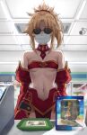  1girl arms_at_sides artoria_pendragon_(fate) artoria_pendragon_(swimsuit_archer)_(fate) bandeau bangs bare_shoulders black-framed_eyewear blonde_hair blurry blurry_background breasts cash_register convenience_store covered_mouth cowboy_shot detached_collar detached_sleeves eyebrows_visible_through_hair fate/apocrypha fate_(series) figure high_ponytail highres indoors mask money mordred_(fate) mordred_(fate/apocrypha) mouth_mask navel parted_bangs shop small_breasts solo sunglasses surgical_mask tonee underboob yen 