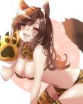  1girl absurdres animal_ears animal_print bikini breasts brown_hair fake_claws fang gumi_(fwjn7284) highres imaizumi_kagerou large_breasts long_hair neck_ribbon red_eyes ribbon smile solo swimsuit tail tiger_print touhou wolf_ears wolf_girl wolf_tail 