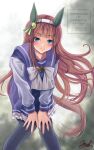  1girl animal_ears blue_eyes blunt_bangs blush bow bowtie closed_mouth ear_covers green_eyes hair_ornament hairband hands_on_own_knees highres hime_cut horse_ears horse_girl horse_tail leaning_forward long_hair long_sleeves looking_at_viewer orange_hair orange_tail purple_sailor_collar purple_serafuku purple_shirt purple_skirt purple_thighhighs sailor_collar sailor_shirt school_uniform serafuku shirt silence_suzuka_(umamusume) skirt smile solo tail thighhighs tracen_school_uniform umamusume white_bow white_bowtie white_hairband yumibakama_meme 