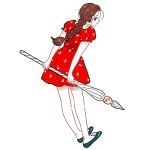  1girl black_eyes blush braid brown_hair commentary dress earrings emamemamo33 flats from_behind full_body green_shoes hair_pulled_back highres holding holding_pen jewelry long_hair looking_at_viewer looking_back nib_pen_(object) original pen puffy_short_sleeves puffy_sleeves red_dress scorpio_(symbol) shoes short_sleeves simple_background solo standing white_background 