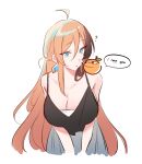 1girl ? ahoge bare_shoulders black_shirt black_streaks blue_eyes breasts cleavage commentary cropped_legs double-parted_bangs english_commentary english_text food fruit grey_skirt hair_between_eyes highres large_breasts living_food long_hair multicolored_hair nrnmarie orange_(fruit) orange_hair original parted_lips shirt simple_background skirt sleeveless sleeveless_shirt solo speech_bubble streaked_hair talking v_arms white_background 