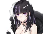  1girl artist_name bangs bare_shoulders black_choker black_coat black_hair black_nails blunt_bangs breasts choker cleavage closed_mouth coat collarbone colored_inner_hair dress eyebrows_visible_through_hair fur-trimmed_coat fur_trim highres holding holding_microphone indie_virtual_youtuber jellen_aura large_breasts light_purple_hair long_hair looking_at_viewer microphone multicolored_hair open_clothes open_coat purple_eyes ririsya simple_background smile solo streaked_hair two-tone_hair upper_body virtual_youtuber white_background white_dress 