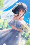  1girl adversarial_noise artist_name balcony black_hair blue_sky blush bouquet bridal_veil curtains dress dutch_angle holding holding_bouquet kantai_collection nose_blush railing red_eyes short_hair sidelocks sky solo veil wedding_dress white_dress wss_(nicoseiga19993411) yamashiro_(kancolle) 