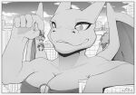  ambiguous_gender anthro bikini breasts chari-gal charizard city cleavage clothed clothing duo female greyscale holding_another horn larger_female looking_at_another lucario macro monochrome nintendo non-mammal_breasts outside pok&eacute;mon pok&eacute;mon_(species) s2-freak size_difference smaller_ambiguous swimwear upside_down video_games wings 