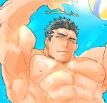  1boy abs bara facial_hair falling flaming_halo large_pectorals looking_at_viewer male_focus mature_male muscular muscular_male nipples nude pectorals po_fu short_hair sideburns sky stubble sunlight sweat thick_eyebrows tokyo_afterschool_summoners upper_body volleyball zabaniya_(housamo) 