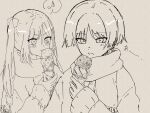  1boy 1girl alternate_costume blunt_bangs blunt_ends blush bow coat contemporary food frown genshin_impact hair_between_eyes hair_bow hand_up highres holding holding_ice_cream_cone ice_cream ice_cream_cone licking_food long_hair long_sleeves looking_at_food mona_(genshin_impact) musical_note open_mouth parted_bangs pon_oi4 scaramouche_(genshin_impact) scarf sepia short_eyebrows sidelocks sketch spoken_musical_note swept_bangs tongue tongue_out traditional_media tsurime twintails winter_clothes wispy_bangs 