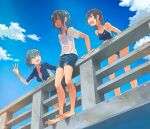  3girls aqua_eyes aqua_hair artist_name barefoot black_hair blue_one-piece_swimsuit blue_sky bridge cloud dated day denim denim_shorts highres kusakabe_(kusakabeworks) multiple_girls one-piece_swimsuit open_mouth original outdoors see-through_clothes see-through_shirt shirt shorts sky swimsuit swimsuit_under_clothes t-shirt toes twintails w wet wet_clothes wet_shirt 