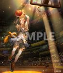  1boy armpits axel_syrios basketball_hoop basketball_jersey basketball_uniform black_shoes black_shorts black_sleeves blonde_hair blue_eyes braid colored_shoe_soles commentary_request compression_sleeve copyright_name fangs full_body hitokoto holostars holostars_english indoors jumping male_focus multicolored_hair official_art open_mouth orange_socks red_hair sample_watermark shoes short_hair shorts side_braid sneakers socks solo sportswear stadium streaked_hair sweatband virtual_youtuber watermark 