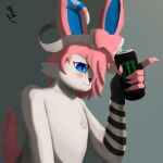  absurd_res anthro blue_eyes blush clothing eeveelution fur gloves hair handwear hi_res male monster_energy nintendo pink_hair pok&eacute;mon pok&eacute;mon_(species) ribbons rusoide simple_background smile solo sylveon video_games white_body white_fur 