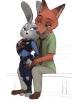  2022 anthro anthro_on_anthro armor barefoot belt body_armor canid canine claws clothed clothing disney duo feet female fox fully_clothed fur grey_body grey_fur hi_res interspecies judy_hopps lagomorph larger_male leporid male male/female mammal necktie nick_wilde orange_body orange_fur predator/prey qupostuv35 rabbit sitting size_difference smaller_female standing utility_belt zootopia 