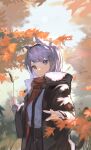  1girl absurdres animal_ears autumn_leaves black_coat black_hairband black_skirt cat_ears cat_girl cat_tail closed_mouth coat day expressionless hair_ornament hairband hairclip highres holding holding_plant karasuro leaf long_hair long_sleeves looking_at_viewer original outdoors plant purple_eyes purple_hair red_scarf scarf shirt shirt_tucked_in skirt solo symbol-only_commentary tail white_shirt 