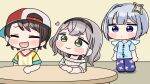  3girls :d amane_kanata baseball_cap blue_hair blue_shirt brown_hair brown_hairband chibi closed_eyes closed_mouth clothes_writing floral_print green_eyes grey_hair hairband hat heart heart-shaped_pupils highres hololive long_sleeves mochimiko multicolored_hair multiple_girls off-shoulder_sweater off_shoulder oozora_subaru oozora_subaru_(1st_costume) pants print_pants puffy_long_sleeves puffy_sleeves purple_eyes purple_pants red_hat ribbed_sweater shirogane_noel shirogane_noel_(casual) shirt short_sleeves sideways_mouth single_hair_intake smile standing striped_clothes striped_shirt sweater symbol-shaped_pupils two-tone_hair vertical-striped_clothes vertical-striped_shirt virtual_youtuber wavy_mouth white_sweater 