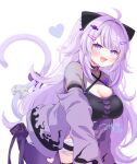  1girl :d ahoge animal_ears armband blush breasts cat_ears cat_girl cat_tail cleavage hair_ornament hairclip heart highres hololive jacket large_breasts long_hair long_sleeves looking_at_viewer mimori_(mim0_ri) nekomata_okayu nekomata_okayu_(personya_respect) off_shoulder pantyhose purple_eyes purple_hair purple_jacket purple_pantyhose see-through_clothes signature simple_background single_leg_pantyhose smile solo tail virtual_youtuber white_background 