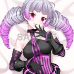  1girl alternative_girls bare_shoulders black_dress black_gloves black_sleeves blunt_ends blush breasts collarbone dakimakura_(medium) detached_sleeves dot_nose dress drill_hair gloves gradient_hair grey_hair hand_on_own_stomach hand_to_own_mouth head_tilt long_hair looking_at_viewer medium_breasts meya_fontaine multicolored_hair official_art open_mouth purple_dress purple_hair red_eyes sample_watermark second-party_source sleeveless sleeveless_dress smile solo twin_drills twintails two-tone_dress upper_body watermark 