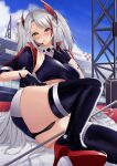  1girl absurdres ass azur_lane black_panties blue_sky boots breasts crop_top earpiece error1945 gloves grey_hair half_gloves headgear high_heels highres jacket large_breasts long_hair looking_at_viewer microskirt mole mole_on_breast multicolored_hair official_alternate_costume open_clothes open_jacket panties prinz_eugen_(azur_lane) prinz_eugen_(final_lap)_(azur_lane) purple_footwear purple_gloves purple_jacket race_queen red_hair short_sleeves skirt sky streaked_hair thigh_boots thighhighs two-tone_hair two-tone_skirt underboob underwear very_long_hair white_skirt yellow_eyes 