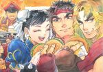  1girl 4boys absurdres akuma_(street_fighter) black_hair blonde_hair blue_dress bracelet brown_gloves burger china_dress chinese_clothes chun-li closed_mouth commentary company_name dress earrings eyeshadow fire food gloves grin hat highres holding holding_burger holding_food jewelry ken_masters looking_at_viewer m._bison makeup mcdonald&#039;s medium_hair multiple_boys open_mouth plasmaraiden puffy_short_sleeves puffy_sleeves red_eyeshadow red_gloves red_hair red_hat ryu_(street_fighter) short_hair short_sleeves smile spiked_bracelet spikes street_fighter symbol-only_commentary teeth v-shaped_eyebrows 