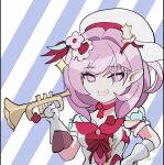  1girl beret breasts chengzi_fy chinese_commentary commentary_request diagonal-striped_background diamond-shaped_pupils diamond_(shape) dress elf elysia_(hi_love_elf)_(honkai_impact) elysia_(honkai_impact) gloves hat holding holding_instrument holding_trumpet honkai_(series) honkai_impact_3rd instrument large_breasts long_hair looking_at_viewer miyoushe_watermark pink_hair pointy_ears purple_eyes red_dress smile solo striped_background symbol-shaped_pupils trumpet very_long_hair watermark white_dress white_gloves 