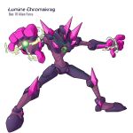  armor ben_10 ben_10:_alien_force character_name chest_jewel chromastone copyright_name full_body gem green_eyes highres horns karakatodzo knee_spikes mechanization mega_man_(series) mega_man_zero_(series) multicolored_armor nakayama_tooru_(style) one-eyed outstretched_arms parody pink_gemstone powering_up purple_armor robot shoulder_spikes single_horn spikes standing style_parody 