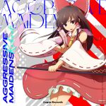  1girl album_cover album_name ascot between_fingers bow brown_eyes brown_hair circle_name commentary_request cover detached_sleeves english_text frilled_bow frilled_hair_tubes frilled_skirt frills gohei hair_bow hair_tubes hakurei_reimu highres holding holding_gohei ishitsubute login_records long_hair looking_at_viewer ofuda ofuda_between_fingers open_mouth red_bow red_skirt ribbon-trimmed_skirt ribbon-trimmed_sleeves ribbon_trim second-party_source skirt skirt_set solo touhou yellow_ascot 