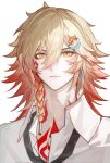 1boy absurdres arm_tattoo black_necktie blonde_hair braid chest_tattoo chinese_commentary collared_shirt commentary_request earrings facial_tattoo gold_earrings gradient_hair hair_ornament hairpin highres honkai:_star_rail honkai_(series) jewelry loose_necktie male_focus medium_hair multicolored_hair mydei_(honkai:_star_rail) necktie qqrobot2 red_hair red_tattoo shirt side_braid simple_background solo tattoo white_background white_shirt yellow_eyes 