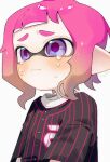  1girl black_shirt blush closed_mouth crying frown furrowed_brow highres inkling inkling_girl inkling_player_character looking_ahead medium_hair pink_hair pointy_ears purple_eyes sabata_saba shirt simple_background solo splatoon_(series) splatoon_3 tears tentacle_hair white_background 