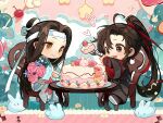  2boys ahoge animal birthday birthday_cake black_boots black_eyes black_hair black_hanfu blue_flower boots bouquet brown_hair cake chair cherry chibi chibi_only chinese_clothes closed_mouth confetti cookie couple eating flower food fork fruit full_body hair_ribbon hanfu headband heart highres holding holding_bouquet holding_food holding_fork lan_wangji li_mu_zi long_hair long_sleeves looking_at_another male_focus modao_zushi multiple_boys official_art on_chair open_mouth pink_flower plate ponytail rabbit red_ribbon ribbon robe rose sash sidelocks sitting smile star_(symbol) strawberry strawberry_cake strawberry_shortcake table third-party_source topknot wei_wuxian white_hanfu white_headband wide_sleeves xiao_guan_(headdress) yaoi yellow_eyes 