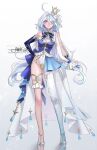  1girl ahoge alternate_costume ass_visible_through_thighs asymmetrical_gloves bare_shoulders blue_eyes blue_gemstone blue_gloves blue_leotard blue_pupils blue_streaks blue_thighhighs breasts commentary crown elbow_gloves english_commentary full_body furina_(genshin_impact) gem genshin_impact gloves gradient_thighhighs grey_background hair_between_eyes hand_on_own_hip heterochromia highleg highleg_leotard highres instagram_logo jewelry leotard long_hair looking_at_viewer medium_breasts mini_crown multicolored_hair multicolored_leotard parted_lips patreon_logo princess_ailish signature single_elbow_glove single_thighhigh solo standing streaked_hair thighhighs thighlet twitter_logo two-tone_leotard uneven_gloves very_long_hair white_hair white_leotard white_thighhighs 