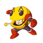  1980s_(style) 1boy boots breath_weapon full_body gloves highres karakatodzo looking_at_viewer male_focus mechanization mega_man_(classic) mega_man_(series) open_mouth pac-man pac-man_(game) parody red_boots red_gloves retro_artstyle robot solo spitting standing style_parody 