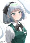  1girl absurdres bangs black_bow black_bowtie blunt_bangs blush bow bowtie closed_mouth eyebrows_visible_through_hair green_vest grey_eyes grey_hair hair_ribbon hairband harumomiji highres hitodama_print konpaku_youmu konpaku_youmu_(ghost) looking_at_viewer ribbon short_hair simple_background smile solo touhou upper_body vest white_background 