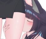  1girl 2girls absurdres animal_ear_fluff animal_ears black_hair blunt_bangs blush closed_eyes fingernails fox_ears fox_girl hand_on_another's_head highres hoshimi_miyabi kissing_thigh long_hair multiple_girls out_of_frame rirypractices sidelocks solo_focus thighs tsukishiro_yanagi yuri zenless_zone_zero 