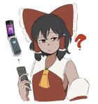  1girl ? arrow_(symbol) ascot black_hair bow cellphone commentary cyanidegray detached_sleeves english_commentary flip_phone frilled_bow frilled_hair_tubes frills hair_bow hair_tubes hakurei_reimu highres looking_at_viewer nontraditional_miko phone photo_inset red_bow red_shirt shirt simple_background sleeveless sleeveless_shirt solo touhou white_background yellow_ascot 