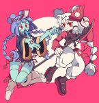  2girls bare_legs black_shirt black_socks blue_tongue blunt_ends blunt_sidelocks boots borrowed_character braid castussan closed_mouth colored_skin colored_tongue commission double_bun fighting_stance full_body green_skin hair_bun hand_fan highres hikimayu holding holding_fan holding_weapon jaggy_lines jiangshi knees_together_feet_apart long_hair long_tongue low-tied_sidelocks midriff mismatched_eyebrows multiple_girls navel ofuda open_mouth original outstretched_arms pants pink_background red_eyes red_sandals red_sleeves red_trim sandals second-party_source sharp_teeth shirt sidelocks smile socks split_mouth stitches teeth tongue twin_braids upper_teeth_only v-shaped_eyebrows very_long_hair weapon white_boots white_hair white_pants wide_sleeves zombie_pose 