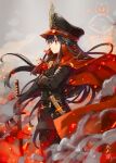  1girl belt black_belt black_hair cape crossed_arms fate/grand_order fate_(series) fire gabiran gloves hat katana long_hair military_hat oda_nobunaga_(fate) oda_nobunaga_(koha-ace) planted planted_sword red_cape red_eyes signature smile smoke sword weapon white_gloves 