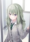  1girl bangs blue_eyes cardigan character_request classroom closed_mouth collared_shirt eyebrows_visible_through_hair green_hair green_necktie grey_cardigan hair_between_eyes highres indoors jimmy_madomagi long_hair long_sleeves necktie nijisanji shiny shiny_hair shirt sketch sleeves_past_wrists solo standing striped_necktie upper_body white_shirt wing_collar 