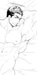  1boy abs armpits bara beard completely_nude facial_hair greyscale large_pectorals lying male_focus mature_male monochrome muscular muscular_male navel nipples nude on_back on_bed pectorals po_fu presenting_armpit short_hair sideburns solo stomach thick_thighs thighs tokyo_afterschool_summoners translation_request upper_body zabaniya_(housamo) 