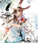  1girl alternate_costume amiya_(arknights) animal_ear_fluff animal_ears arknights auuuie bangs blue_eyes bouquet brown_hair closed_mouth dress eyebrows_behind_hair feet_out_of_frame flower hair_between_eyes highres holding holding_bouquet jewelry long_hair looking_at_viewer multiple_rings neck_ribbon rabbit_ears red_flower red_ribbon ribbon ring simple_background sketch solo standing very_long_hair white_background white_dress 