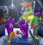 3_toes 4_fingers alligator alligatorid anthro bear bodily_fluids brown_body brown_fur brush chain claws clothing crocodilian crying_laughing duo eyebrows feet finger_claws fingerless_gloves fingers five_nights_at_freddy&#039;s five_nights_at_freddy&#039;s:_security_breach foot_fetish foot_focus fur gag gagged glamrock_freddy gloves green_body green_scales hairbrush handwear hi_res laugh male mammal misterfuchs montgomery_gator multicolored_body multicolored_scales oil purple_clothing purple_feet purple_fingerless_gloves purple_gloves purple_handwear red_mohawk reptile restrained restraints robot_arms scales scalie scottgames sitting smile solo_focus steel_wool_studios stocks tail tears teeth tickle_fetish tickle_torture tickling tickling_feet tickling_machine tickling_toes toe_claws toes yellow_body yellow_scales